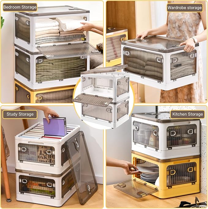 DILIBRA 28 Liters Plastic Storage Bins with Lids 2 Pack Stackable Storage Containers with Wheels and 4 Doors Collapsible Storage Boxes for Organizing Clothes Snacks Toys Camping