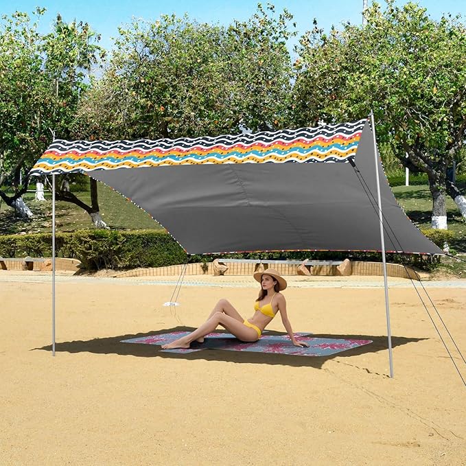 ALAZA Wavy Polka Dots Beach Tent Sun Shelter UPF50+ Protection Beach Shade Canopy w/ 4 Sandbags for Outdoor Camping Fishing Backyard Fun Picnic 10x9 ft