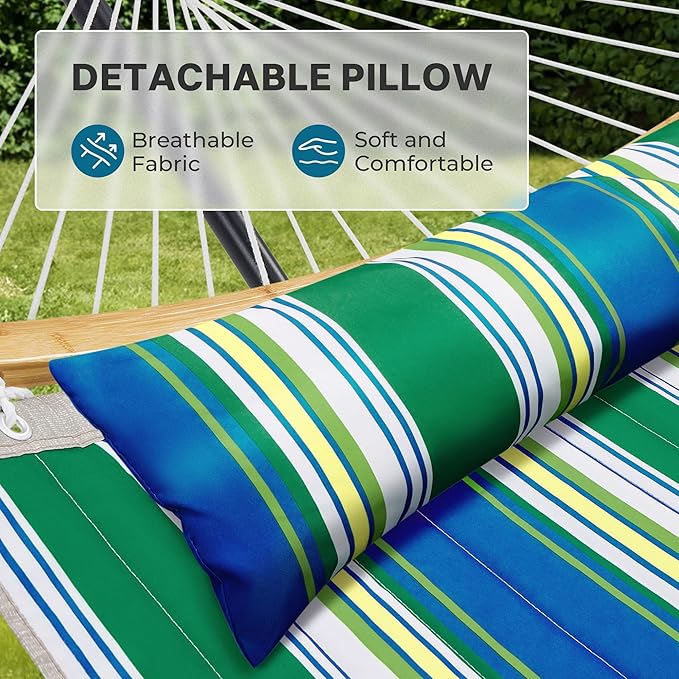SUPERJARE Curved-Bar Hammock with Stand 2 Person Heavy Duty Hammock Frame Detachable Pillow &amp Portable Carrying Bag Perfect for Outdoor &amp Indoor Green Bold Stripe