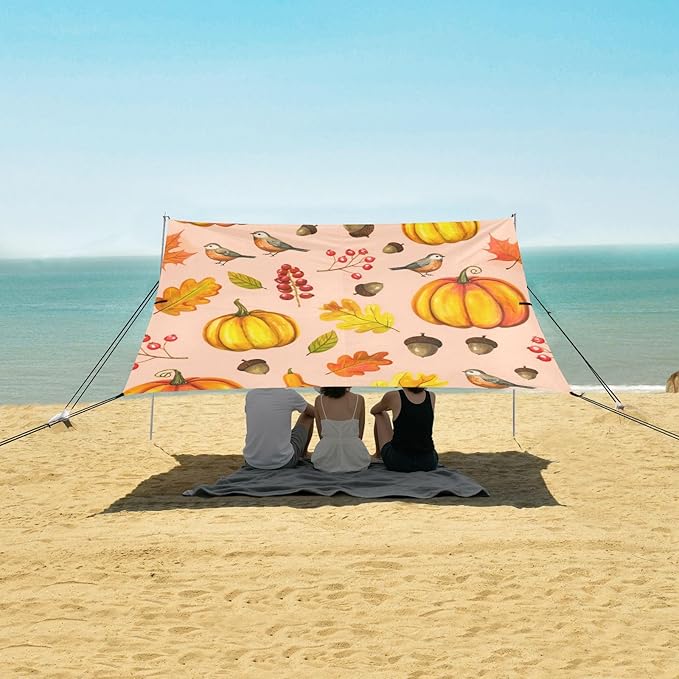 xigua Pumpkins Beach Tent Sun Shelter with Carrying Bag - Silver Coated Oxford Fabric Beach Canopy for Beach Camping Fishing - Includes Windproof Ropes Sandbags &amp Stakes