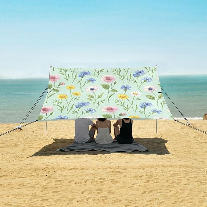 xigua Wildflowers Beach Tent Sun Shelter with Carrying Bag - Silver Coated Oxford Fabric Beach Canopy for Beach Camping Fishing - Includes Windproof Ropes Sandbags &amp Stakes