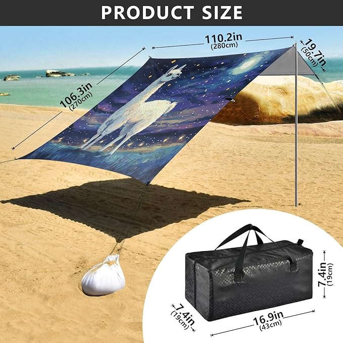 ALAZA Llama Starry Sky Beach Tent Sun Shelter UPF50+ Protection Beach Shade Canopy w/ 4 Sandbags for Outdoor Camping Fishing Backyard Fun Picnic 10x9 ft