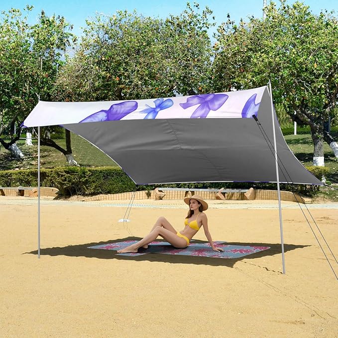 xigua Bow Tie Beach Tent Sun Shelter with Carrying Bag - Silver Coated Oxford Fabric Beach Canopy for Beach Camping Fishing - Includes Windproof Ropes Sandbags &amp Stakes