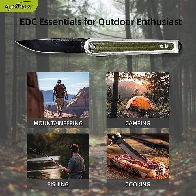 ALBATROSS Urban Utility Gear Folding Knife 3.3” Black D2 Blade Green Aluminum &amp G10 Reversible Clip Ultra-Light Gifts for Father's Day Mother's Day Birthday