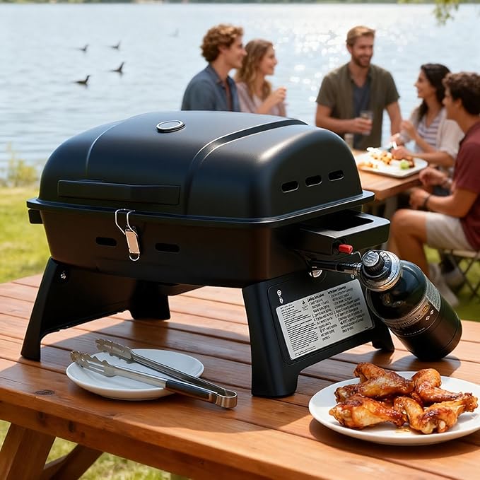 BRANDMAN GRILLS SINCE 1987 Portable Propane Gas Grill 1-Burner Tabletop Compact BBQ Grill with Folding Legs and Lockable Lid for Camping Tailgating &amp Outdoor Cooking Hassle-Free Setup