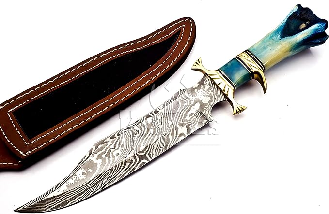 Hand Made Damascus Steel Collectible Bowie Knife Handle Camel Bone (Blue)