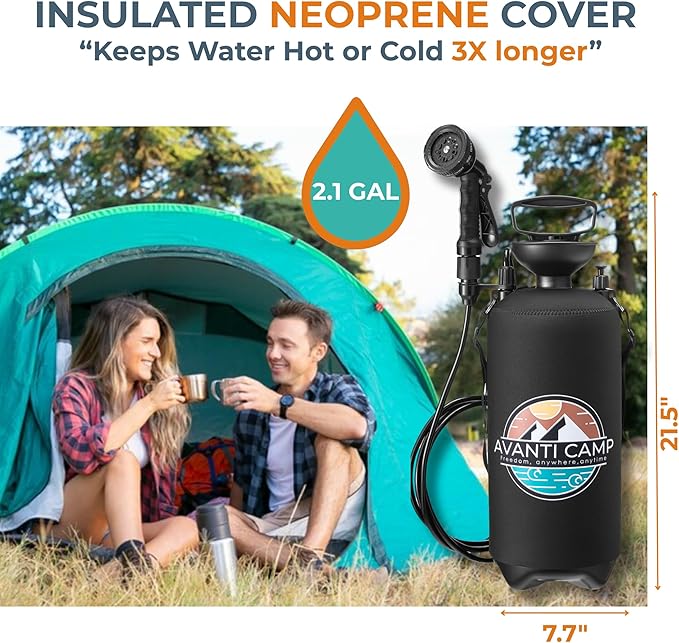 Pressurized Camping Shower (8L/2.1 Gal) – Portable Beach Shower for Surfing Camping &amp Van Life – Outdoor Rinse Kit with Hand Pump &amp 10 Spray Modes – Portable Water Sprayer Pets &amp Gear | A