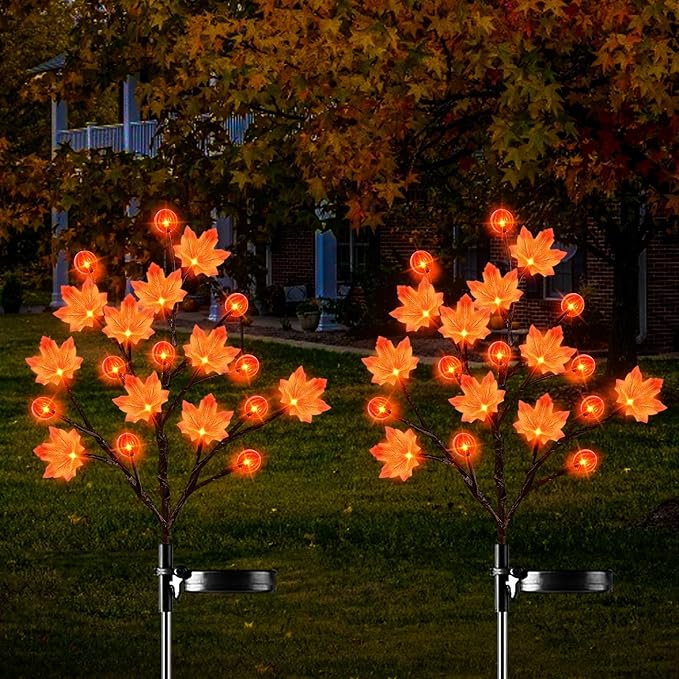 2 Pack Thanksgiving Decorations Lights Fall Decor Solar Lights Outdoor with 3D Maple Pumpkin 8 Modes Fall Thanksgiving Lights Outdoor Solar Lights Waterproof for Yard Decor