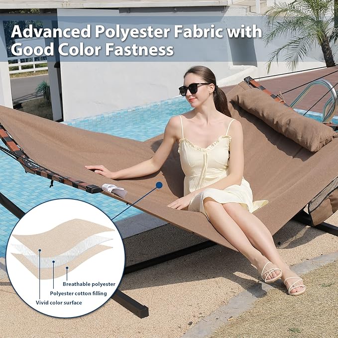 TegerDeger 12FT 2 Person Hammock with Stand Included 55 x 79IN Large Hammock 450LB Capacity with Hardwood Spreader Bar &amp Nylon Rope for Outside Patio Garden Backyard Beach Poolside - Brown