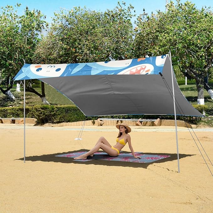 Shark Water Blue Pattern Beach Tent &amp Canopy UPF50+ Waterproof Large Sun Shelter with Sand Shovel Sandbags for Camping Picnics Backyard &amp Fishing