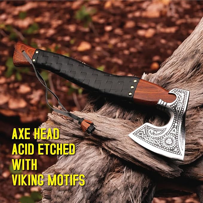 Viking Axe Carbon Steel Blade Rosewood Handle Leather Wrapped Handle Camping Axes Viking Ax Hatchet Real Tomahawk Gift Wood Splitting Axes Birthday Gift with Premium Leather Sheath