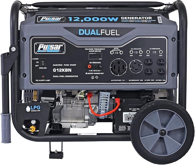 Pulsar G12KBN-SG Heavy Duty Portable Dual Fuel Generator - 9500 Rated Watts &amp 12000 Peak Watts - Gas &amp LPG - Electric Start - Transfer Switch &amp RV Ready - CARB Compliant