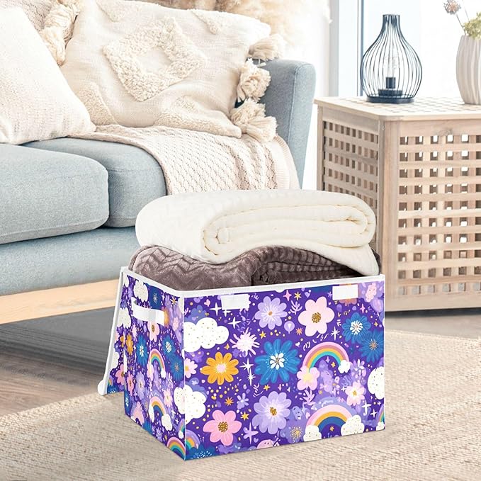 Collapsible Storage Bins with Lids Decorative Fabric Storage Cubes Closet Organizer and Storage Basket Boxes Containers for Clothes Box Chest Nursery Folding Rectangle Purple Rainbows Stars