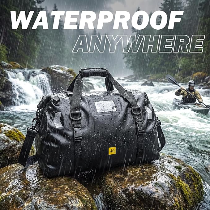 Waterproof Duffel Bag 40L - Heavy Duty Dry Bag Backpack for Motorcycle Travel Kayaking Boating &amp Camping - Watertight Roll Top Gear Bag with Air Valve &amp Reflective Strips for Men Women