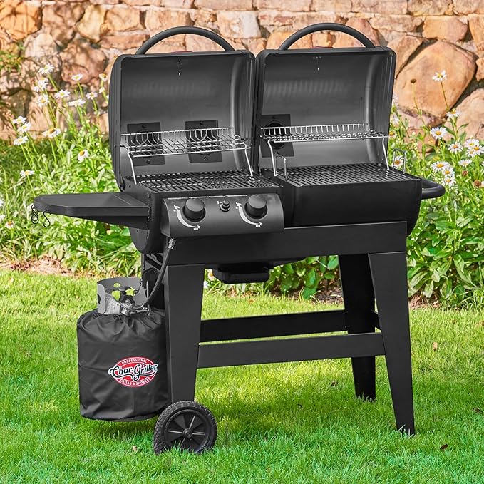 Char-Griller® Dual-Function 2-Burner 24000 BTU Propane Gas and Charcoal Combination Grill and Smoker with 870 Cooking Square Inches in Black Model E5030