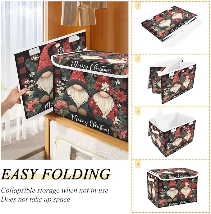 Merry Christmas Checkered Gnomes Collapsible Storage Bins with Lids Decorative Fabric Cubes Closet Organizer Basket Boxes Containers for Clothes Box Chest Folding Rectangle