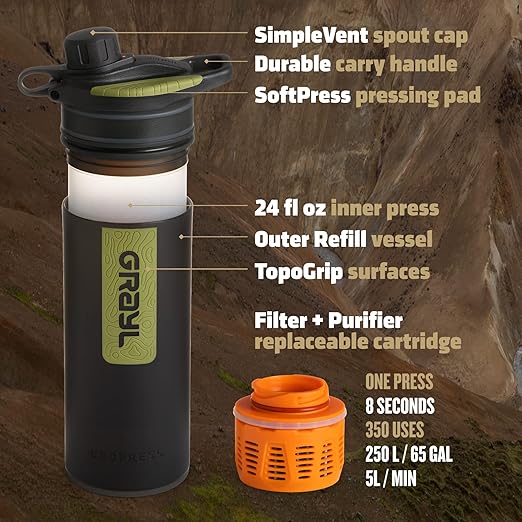 GRAYL GeoPress 24 oz Water Purifier Bottle - Filter for Hiking Camping Survival Travel (Black Camo)
