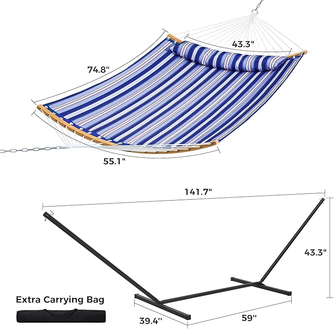 SUPERJARE Hammock with Stand 2 Person Heavy Duty Hammock with Padded Cotton Detachable Pillow &amp Strong Curved-Bar &amp Portable Carrying Bag Perfect for Outdoor &amp Indoor Navy Blue Stripe