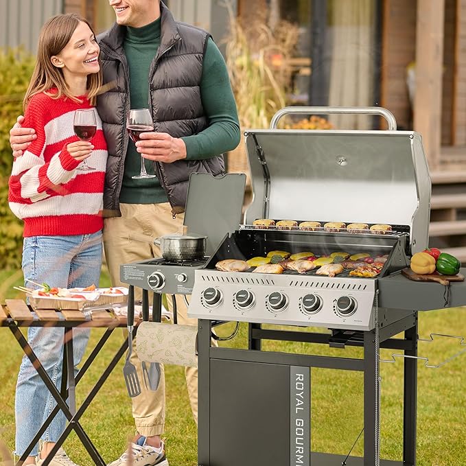 Royal Gourmet GA5406TS 5 Burner Propane Gas Grill with Side Burner and Sear Burner Cart Style Gas BBQ Grill with Porcelain-Enameled Cast Iron Grates for Backyard Cooking Silver &amp Black