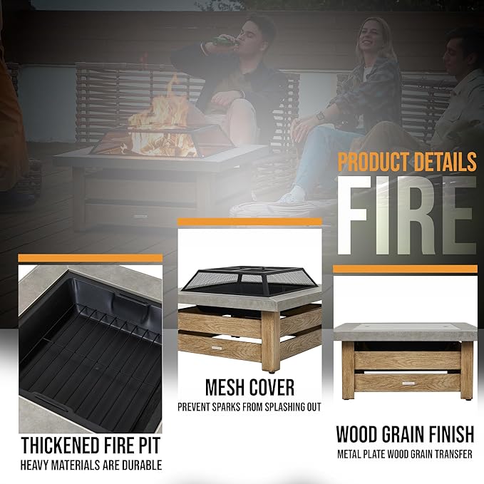 WILDMOS Firepits for OutsideWood Burning Fire Pit with Wood-Grain Side PanelsFirepit for Outside with Mesh Cover &amp Fire PokerSquare Modern Outdoor Fireplace Fire Table. (Countryside)