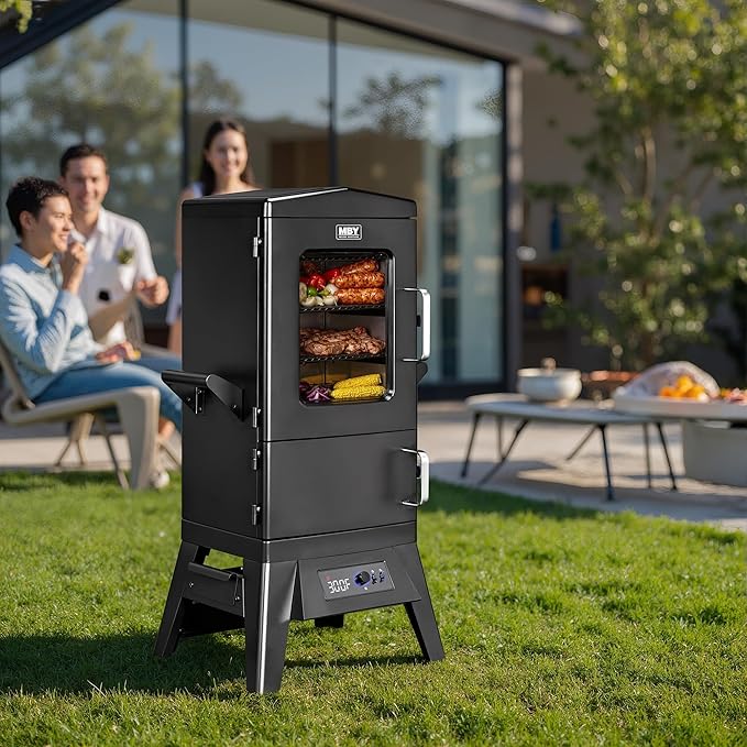 Large Vertical Electric Smoker Grill – 633 sq in | 4-Rack BBQ Smoker with Built-in Meat Probe Wood Chip Loader &ampWeather-Resistant Cover – Perfect for Steak Fish Ribs (Black)