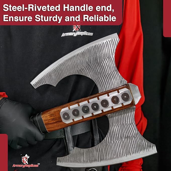 Armory Replicas™ Viking Double-Bladed Axe with Carbon Steel Blades and Leather-Wrapped Walnut Handle