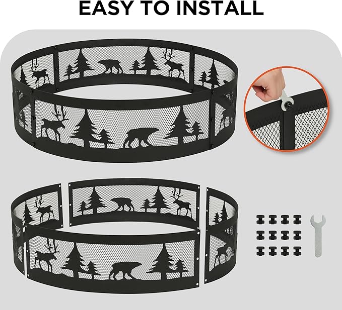 Red Mountain Valley 36 Inch Fire Pit Ring with 360° Forest &amp Wildlife Design Portable Steel Wood Burning Firepit Ring for Outdoor Camping Bonfires BeachPatio fire Pit kit Black