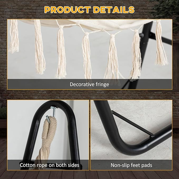 Outsunny Patio Hammock Chair with U Shape Stand Outdoor Hammock Swing Hanging Lounge Chair with Side Pocket Black/Cream White