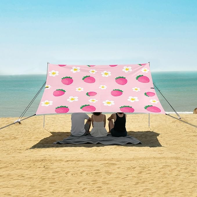 xigua Strawberries Beach Tent Sun Shelter with Carrying Bag - Silver Coated Oxford Fabric Beach Canopy for Beach Camping Fishing - Includes Windproof Ropes Sandbags &amp Stakes