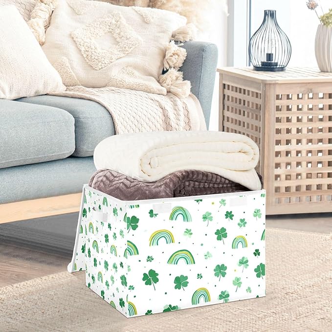 Collapsible Storage Bins with Lids Decorative Fabric Storage Cubes Closet Organizer and Storage Basket Boxes Containers for Clothes Box Chest Nursery Folding Rectangle Green Shamrock Rainbow
