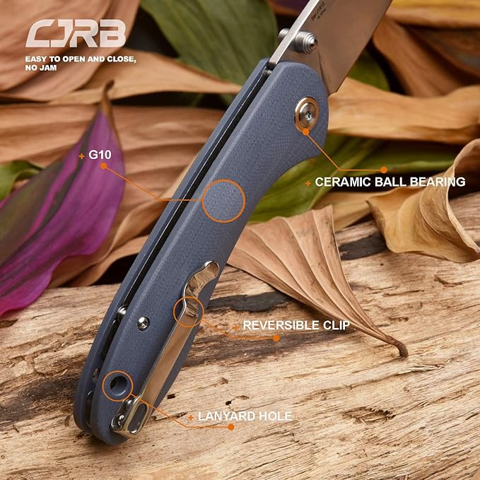 CJRB Folding Knife Feldspar Pocket Knife Stonewash AR-RPM9 Steel Blade G10 Handle EDC Knife Blue Handle-Large(J1912)
