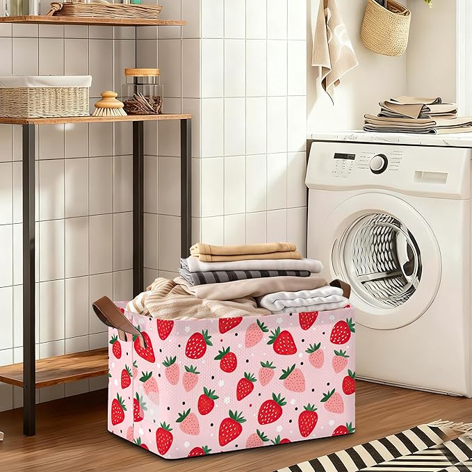 Storage Bin with Handles Cute Strawberry Collapsible Laundry Baskets for Books Laundry - Use in Nursery Closet Organizers and Storage Blanket Basket