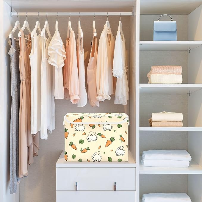 Light Yellow Rabbit Carrot Easter Storage Box with Lid 1 PC Foldable Storage Bin with Lids Stackable Storage Bins Cube Closet Organizer Basket with Flip-Top Lid &amp Handles for Shoes Books Towels