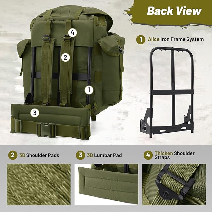 50L Military Alice Pack Army Survival Combat ALICE Rucksack Backpack for Men &amp Women for Camping Hiking Emergency Army Green