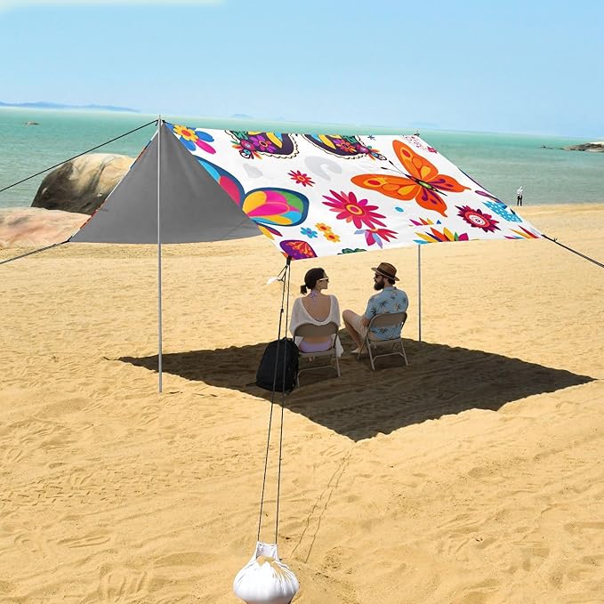 ALAZA Flower Butterfly Floral Boho Beach Tent Sun Shelter UPF50+ Protection Beach Shade Canopy w/ 4 Sandbags for Outdoor Camping Fishing Backyard Fun Picnic 10x9 ft