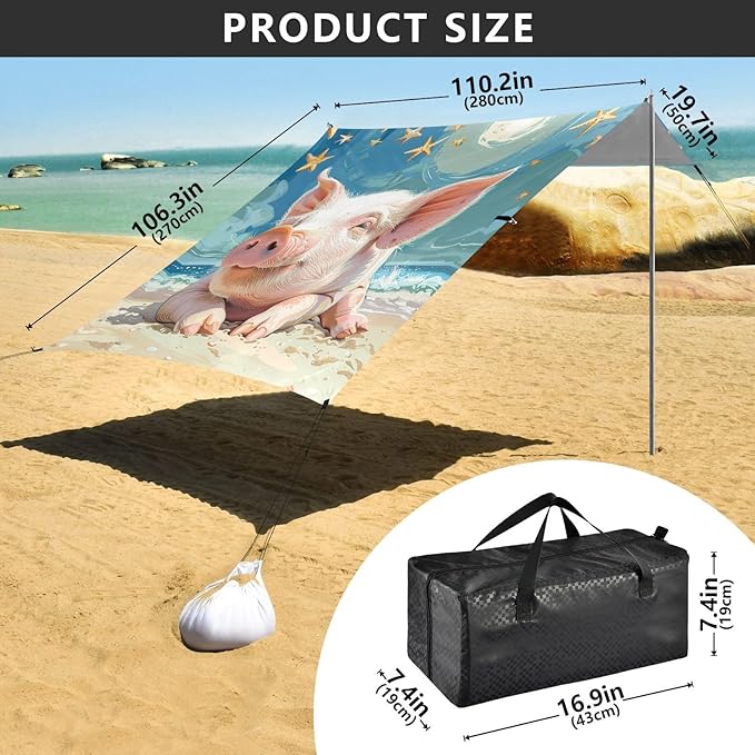 ALAZA Pig Stars Beach Beach Tent Sun Shelter Portable Canopy Sunshade for Outdoor Camping Picnics Backyard Fun 10x9 ft
