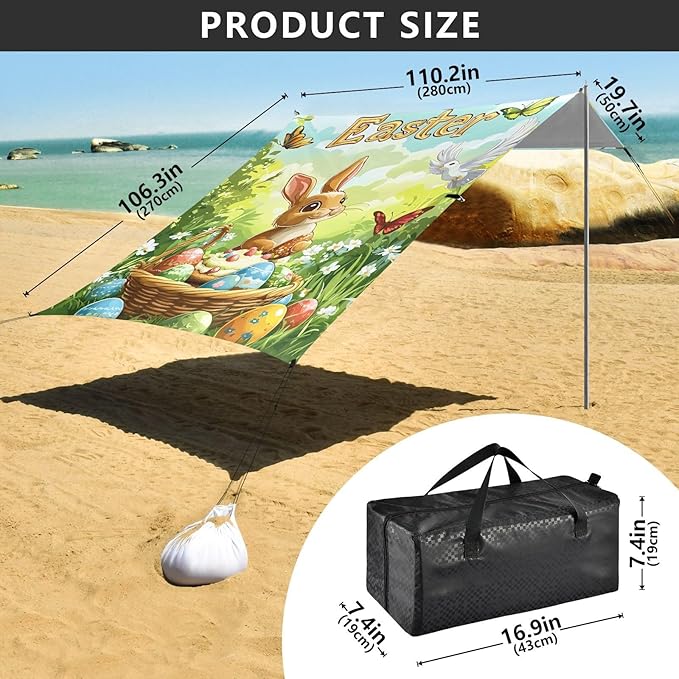 Happy Easter Eggs Spring Bunny Beach Tent Sun Shelter Set UPF50+ UV Protection 10.5 x 9.19 FT Camping Shade Canopy with Sandbags Sand Anchors Carrying Bag and Others