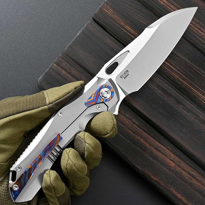 Sitivien ST276 Folding Knife M390 Steel Blade Titanium and Timascus Inlaid Handle Knife with Safety Lock Frame Lock for Outdoor Camping Hiking Survival