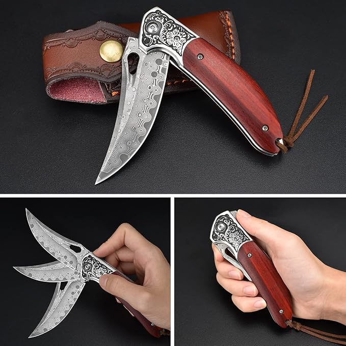 KOMWERO Damascus Pocket Knife for Men Women Sharp VG10 Core Damascus Steel Knife for Outdoor Camping Survival Hunting - Wood Handle Ball Bearing Leather Sheath Liner Lock