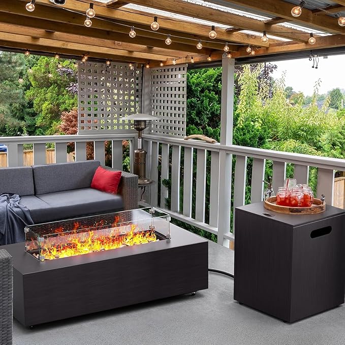Fire Pit Table 50000 BTU 42 Rectangular Propane Fire Pit Outdoor with Wind Guard Glass Lid Rocks and Cover Gas Fireplace for Deck or Patio