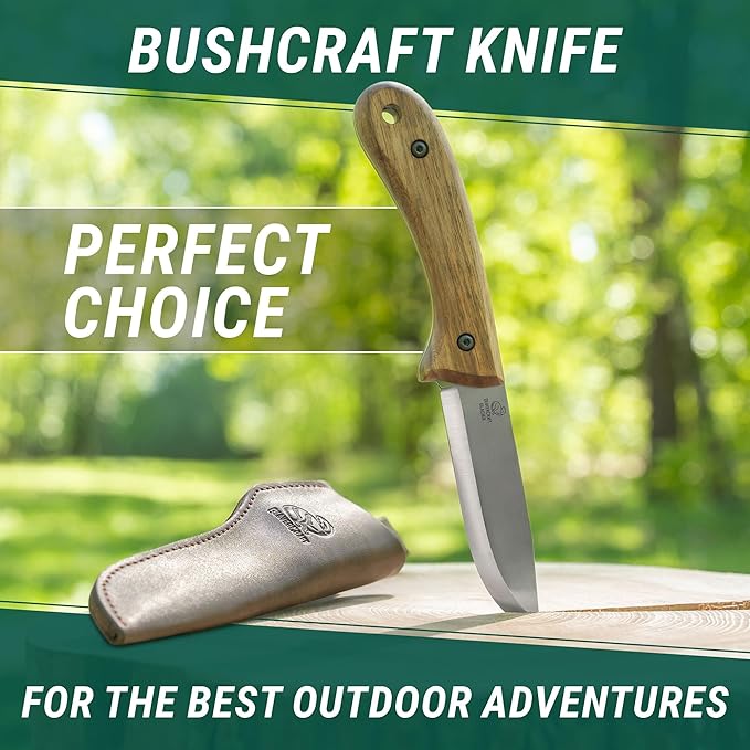 BeaverCraft Bushcraft Knife Full Tang Fixed Blade for Camping &amp Hiking – Bush Knife Carbon Steel Blade with Leather Sheath – Camp Outdoor Knives Scandi Grind BSH2 Glacier