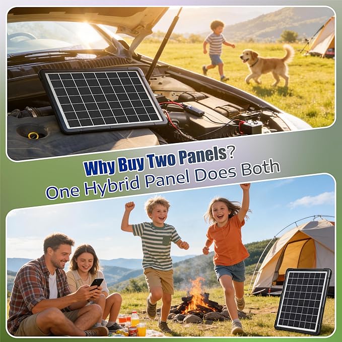 20W Hybrid Solar Battery Charger &amp Maintainer 12V + USB Hub Kit - Waterproof Trickle Charger for Car Boat RV Motorcycle - Universal 5-in-1 Portable Solar Panel for Phone Camping