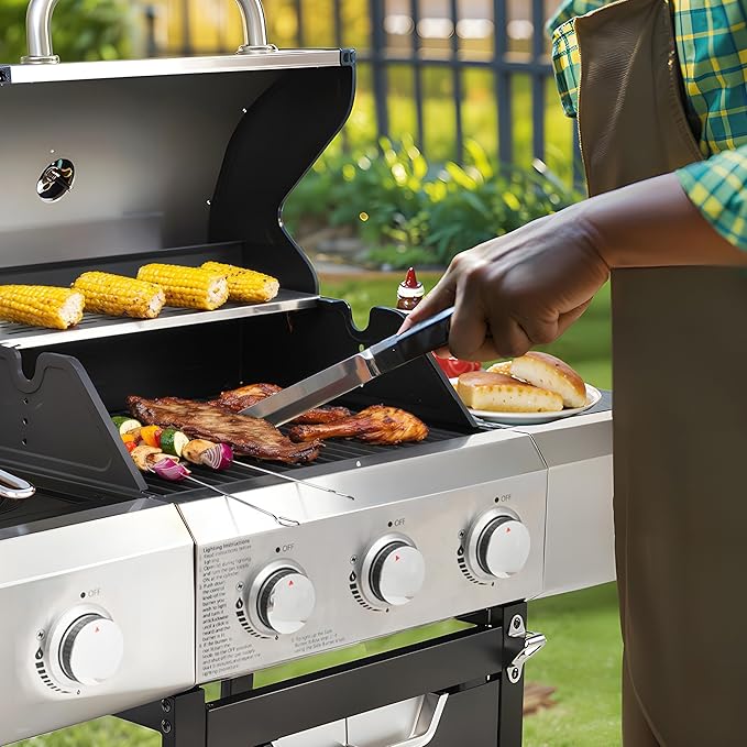 3 Burner Gas Grill with Cloth Cover – High-Powered 51000 BTU Burners Stainless Steel Construction Ample Cooking Space – Perfect for Backyard Barbecues Parties and Family Gatherings