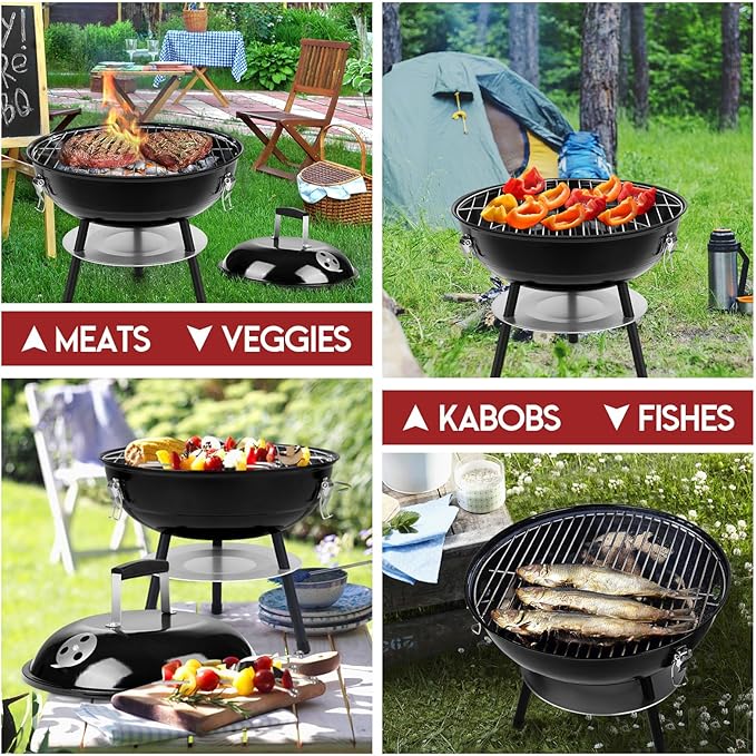 HaSteeL 14 Inch Charcoal Grill Small Black Enamel Outdoor BBQ Grill Mini Flat Top Kettle Barbecue Grill with Screwdriver Portable for Backyard Garden Camping Cooking Smoking Dual Venting System