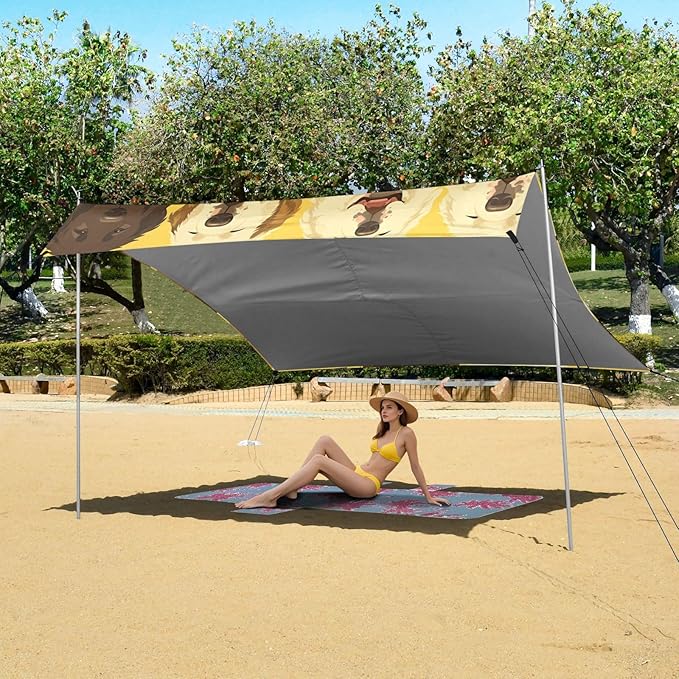 Unique Dogs Face Yellow Beach Cabana Tent UPF50+ Water-Resistant Portable Sun Shelter with Sand Shovel for Backyard and Camping