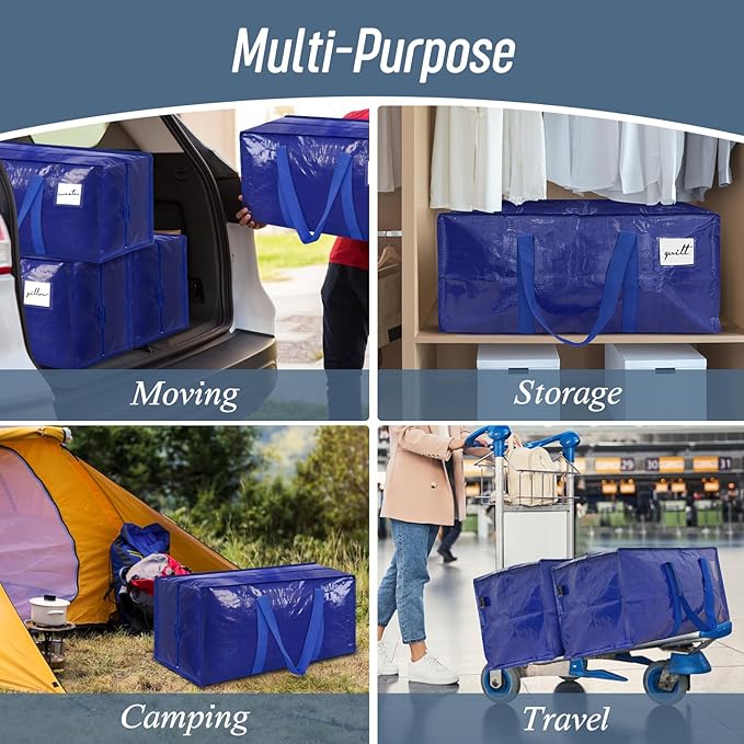 12 Pack Extra Heavy Duty Large Moving Bags with Strong Zipper &amp Comfortable Handles Sturdy &amp Durable Clothes Storage Bags Totes Bins Packing Moving Boxes for College Supplies Blue