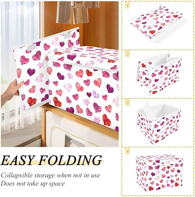 senya Valentines Storage Baskets Collapsible Storage Bins with Lids Hearts Storage Boxes Clothes Baskets for Organizing