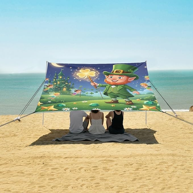 Beach Canopy with Windproof Ropes &amp Sandbags Beach Tent Sun Shade Sun Shelter for Camping Trips Fishing Backyard Fun or Picnics St. Patrick's Day