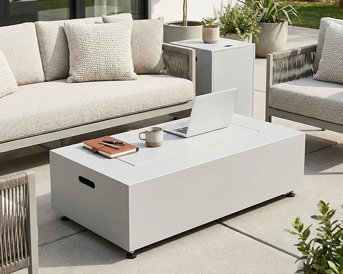 NICESOUL 42 Outdoor Propane Fire Pit Table 50000 BTU Rectangle Natural Gas Firepit with Tank Table No Assembly Low Profile Fire Table for Outside Patio &amp Backyard CSA Certified Grayish White
