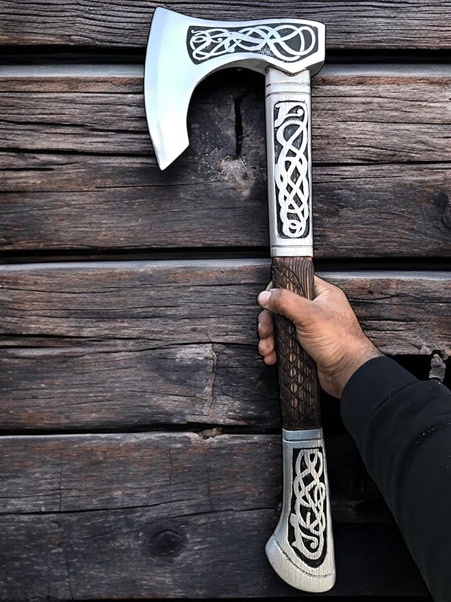 [DARK WARRIOR] Authentic Medieval Assassin's Creed Valhala Viking Battle Eivor AxeFully Functional Hand Forged Carbon Steel with Engraving Wood Shaft Personalised Gift for Viking &amp Gaming Lovers